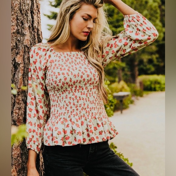 Roolee Tops - Roolee Smocked Sage Green Floral Peplum Top Size XL Like New